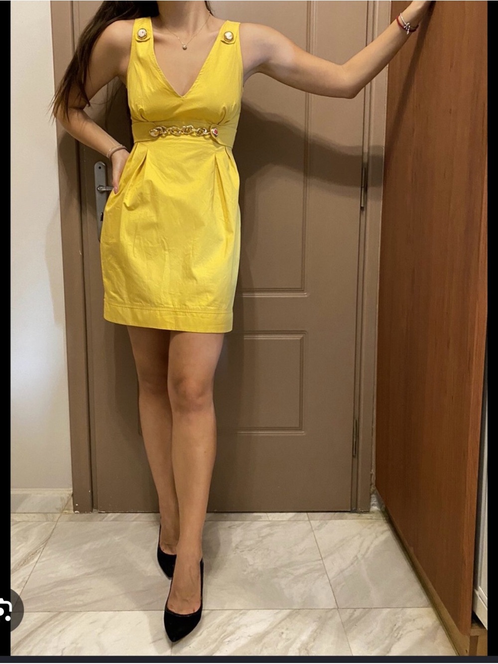 D&G Bright Yellow Mini Dress with Gold Chain Belt